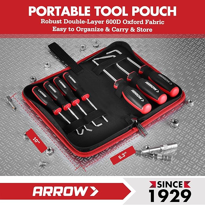 ARROW 7-Piece Hook and Pick Set with Storage Bag, Long & Mini Precision Pick Tool Set for Automotive Mechanic, O-Ring Removal Tool, Oil Seal, Gasket Puller, Hose Puller Picks