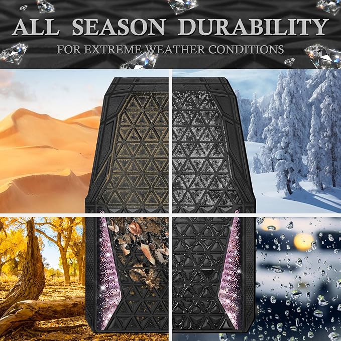 CAR PASS Bling Rubber Car Mats Diamond Floor Mats Full Set Anti-Slip 3D Rhombus Waterproof Universal Trim to Fit Liner Glitter Crystal Sparkly Shining Rhinestone Girl Women SUV Sedan Van, Black Pink