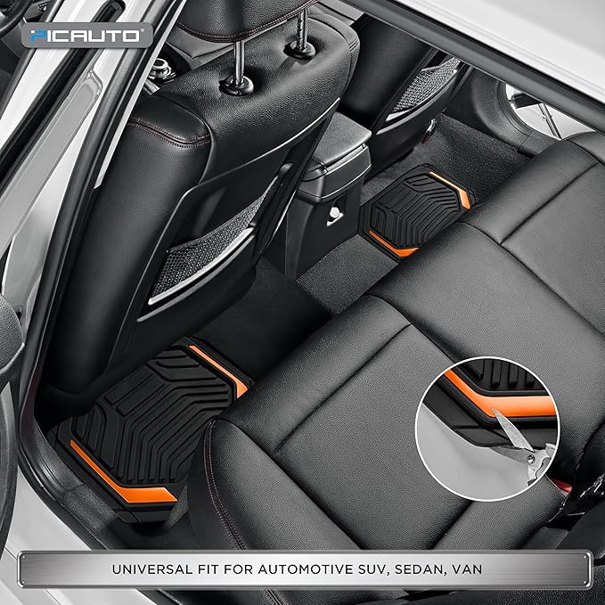 PIC AUTO Heavy Duty Rubber Floor Mats, Orange Aluminum Film Car Mats Set, Front and Rear Car Mats with Anti-Slip Backing, All Weather Protection, Trim-to-Fit for Automotive SUV, Sedan, Van