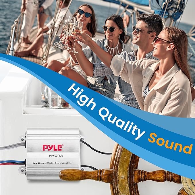 Pyle Hydra Marine Amplifier - Upgraded Elite Series 400 Watt 2 Channel Micro Amplifier - Waterproof, GAIN Level Controls, RCA Stereo Input, 3.5mm Jack & Volume Control (PLMRMP1A)