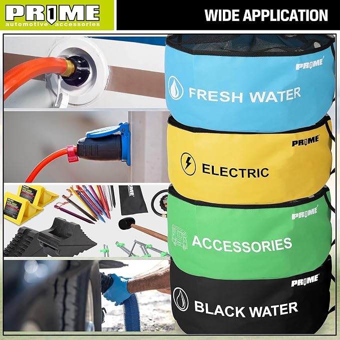 PR1ME 4 Pack Waterproof RV Hose Bag Storage, Utility Bag for Sewer Hose, Camper and RV Accessories, 4 Colors for Sewer and Fresh Water Hoses, Electrical Cords, Camper Tools Accessories
