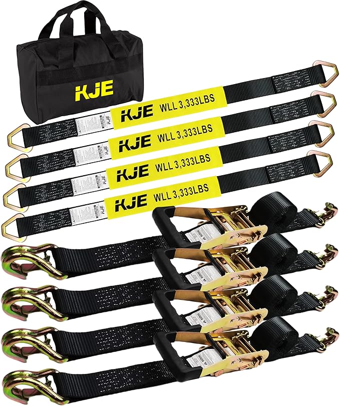 KJE Heavy Duty Car Trailer Tie Down Straps 4 Pack Kit - 2" x 8' Ratchet Straps + J-Hooks with Clip, 2" x 36'' Axle Straps - 10,000lbs Break Strength - Use for Car, Truck, UTV Transport