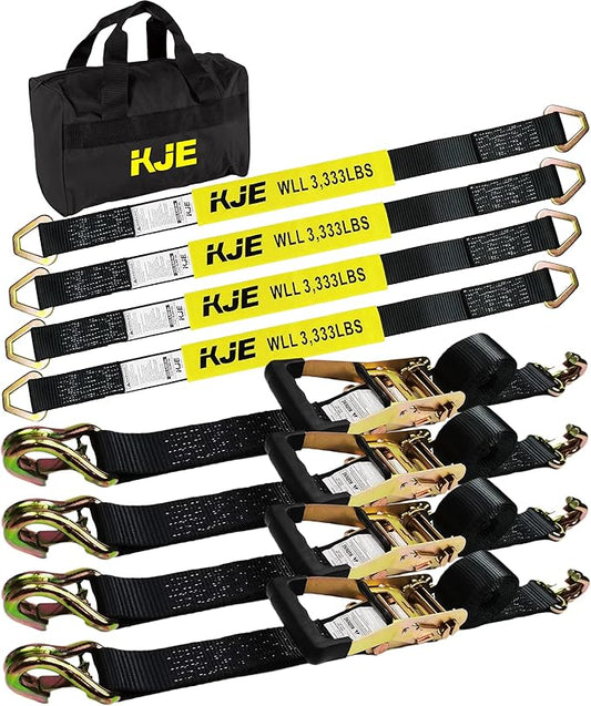 KJE Heavy Duty Car Trailer Tie Down Straps 4 Pack Kit - 2" x 8' Ratchet Straps + J-Hooks with Clip, 2" x 36'' Axle Straps - 10,000lbs Break Strength - Use for Car, Truck, UTV Transport