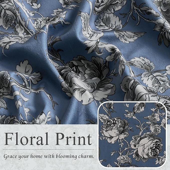 StangH Vintage Floral Velvet Curtains for Living Room, Slate Blue Printed Bedroom Drapes with Rose Pattern Victorian Energy Efficient Privacy Panels for Home Office, W52 x L84, 2 Panels