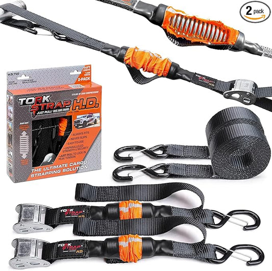 TorkStrap 14' x 1.5'' Self Tensioning Tie Down Straps [Patented] - Automatically Adapt to Load Shifts - 2,250LB Break Strength - Pull Alternative to Ratchet Straps - Integrated Soft Loop & Hook (2-PK)