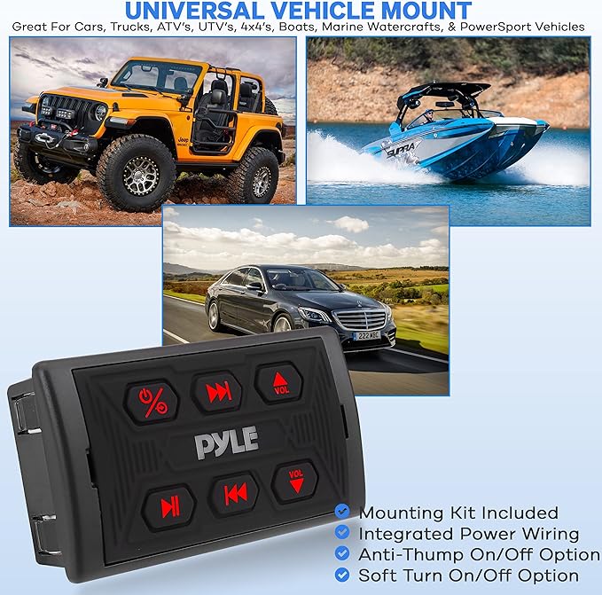 Pyle PLMRBTSQ1 Bluetooth Car Radio, Waterproof Marine Receiver, USB & AUX Inputs, IPX6 Rated, Universal Mounting, Includes 3.5mm Cable, Wireless Range 30ft