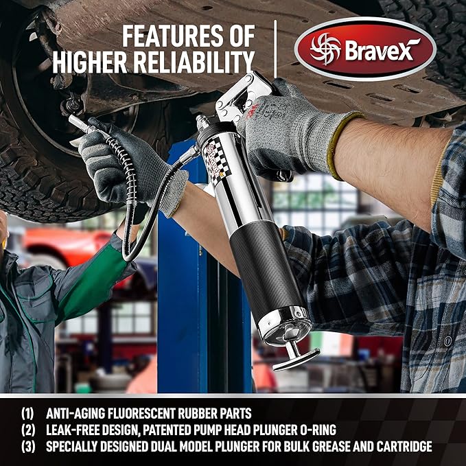 Bravex Heavy Duty Professional Pistol Grip Grease Gun 6000 PSI - 18 inch Flex Hose …