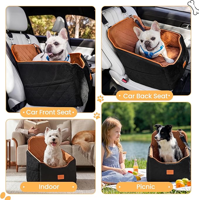 Dog Car Seat for Small Dog with Washable Mat, Memory Foam Booster Seat for Dogs Under 30lb, 6" Elevated Pet Seat with Pockets, Anti-Slip Bed for Car, Perfect for Front & Back Seats with Safety Leash