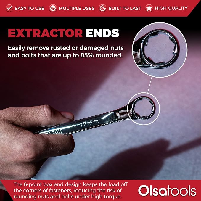 Olsa Tools Bolt Extractor Offset Wrench Set - 7pc Rounded Fastener Remover Kit - 6-Point Box-End Metric Design - Stripped Bolt & Nut Removal Tool - Professional Grade Mechanic Wrenches - Part: 1311