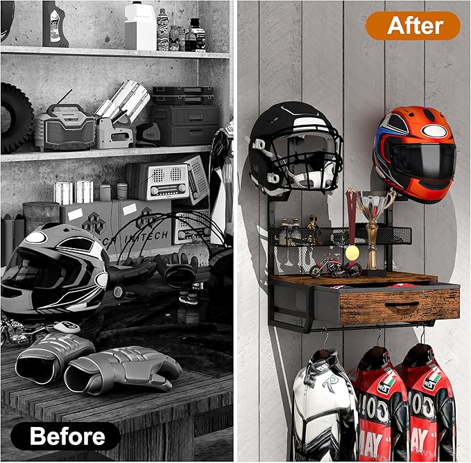 TQVAI Helmet Holder Wall Mount, Hold up to 2 Helmets, Motorcycle Helmets Rack with Drawer and Mesh Basket for Motorcycle Accessories, Hanging Protective Gear Shelf for Backpack Boots