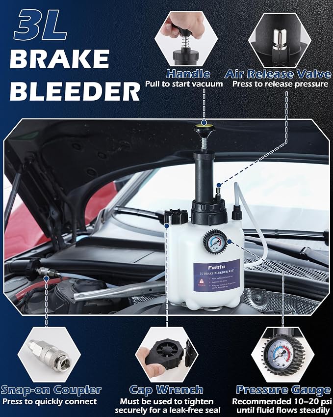 3L Brake Fluid Bleeder Kit w/ 1L Catch Bottle, Pressure Brake Bleeding Tool, Manual Power Bleeder Pump for Flush Brakes and Clutch System, Upgraded Adapters (43.5/45/49.5/50.7mm), White