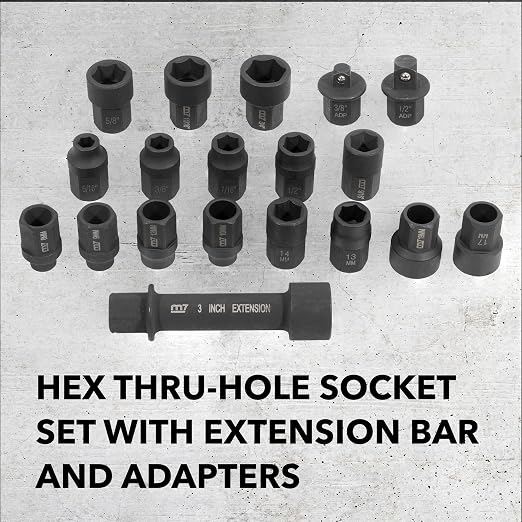 Mighty Seven MA52019 19-Piece Hex Thru-Hole Socket Set, Mechanic Tool Set with Extension Bar and Adapters, Wrench Set for Impact Wrenches, Impact Socket Tool Kit with Range of SAE and Metric Sizes