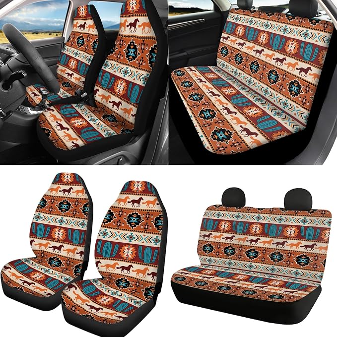 Western Seat Covers Full Set with Aztec Western Horse Steering Wheel Cover, Shoulder Pads, Cactus Seat Covers Car Accessories Universal Fit for Most Cars, Brown