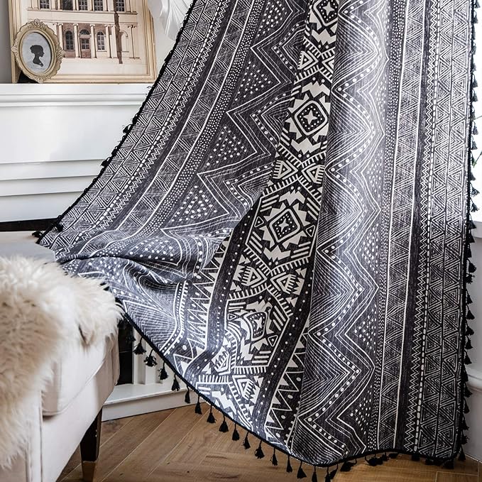 ColorBird Boho Curtains Grey Farmhouse Light Filtering 63 Inch 2 Panles MCM Western Striped Aztec Window Treatment Patterned Drapes for Living Dining Room Bedroom Kitchen Boho Chic Decor