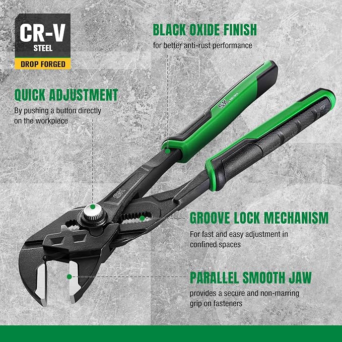 SK 3-Piece Pliers Wrench Set, Adjustable Parallel Smooth Jaw Pliers, 6-Inch, 7.5-Inch, 10-Inch, Premium CR-V Construction, with Rolling Pouch