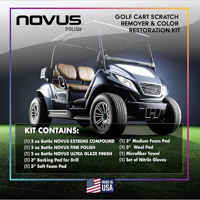 Novus Plastic Polish | Golf Cart Maintenance Kit | Includes Plastic Polish #3#2#1-2 Ounces Each, 2 Buffing Pads, Backing Drill Attachment, 3" Wool Pad, 3 Disposable Wipes