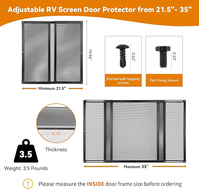 RVZONE Premium RV Screen Door Protector Adjusts from 21.5"- 35", Lightweight RV Entry Screen Door Grille Adjustable Metal Screen Defender for RV Door Camper Screen Door Protector for Dogs Kids