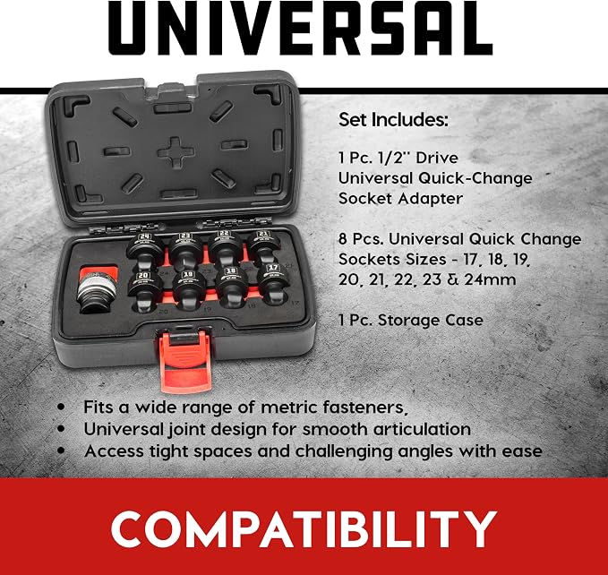Powerbuilt 9 Piece 1/2-Inch Drive Impact Grade Universal Joint Quick-Change Socket Adapter and Sockets Set, Size: 17mm-24mm, Storage Case - 643031ECE