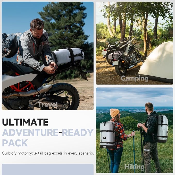 Motorcycle Tail Bag, 30L Waterproof Motorcycle Luggage Bag | 2 Size and 3 Color Options Saddle Bag, PVC Travel Bag, Rear Seat Bag, Stone Grey GT-30GRY