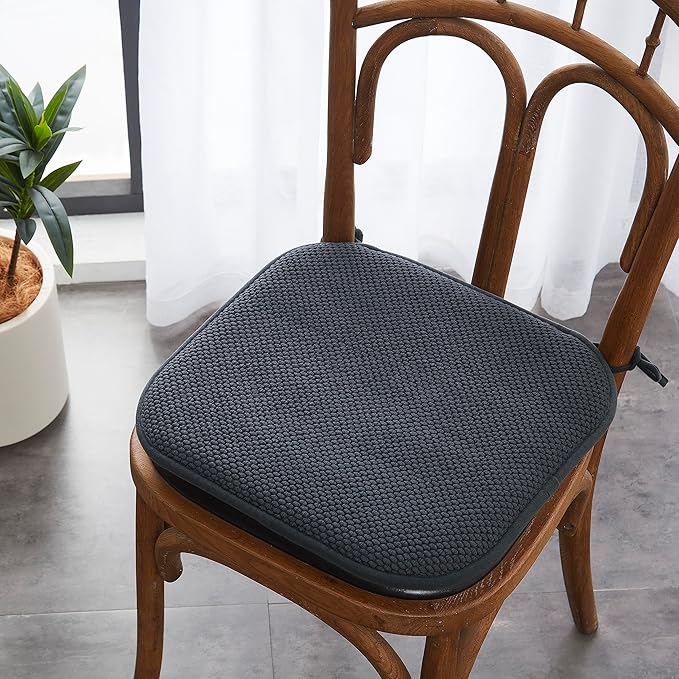 Elegant Comfort Chair Cushion Covers with Ties and Non Skid Rubber Backing-Thick Memory Foam - Soft Cushion Pad- Rounded Square Seat Cover-16 x 16 Inches- Honeycomb Textured Pattern, Set of 6, Gray