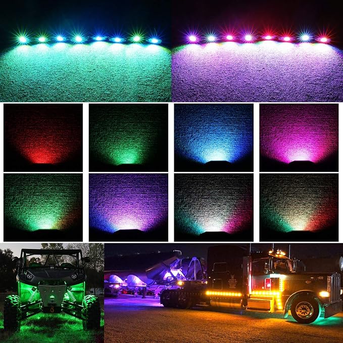 8 Pods RGB LED Rock Light Kits with Bluetooth Controller Waterproof Multicolor Neon LED Lights Underglow Trail Rig Lights for Trucks SUV ATV UTV Boat Motorcycle Off Road