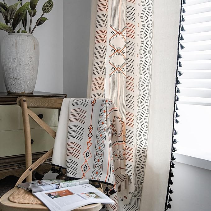 ColorBird Boho Curtains 2 Panels Orange Patterned Window Treatment Striped Geometric Aztec Western Curtain & Drapes for Living Bedroom Dining Room 63 Inch Length Boho Chic Deco