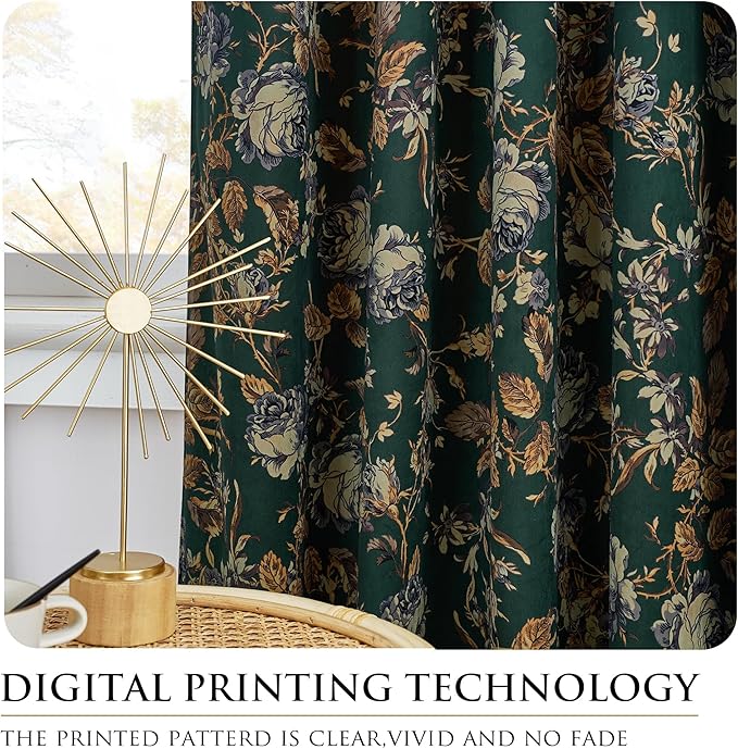 StangH Green Velvet Curtains Print Vintage Floral Curtains 108 inches Long Soft Room Darkening Thermal Insulated Floor to Ceiling Drapes for Living Room Hotel Reception, W52 x L108, 2 Panels