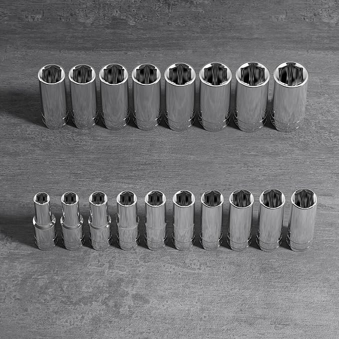 Olsa Tools Metric Deep Socket Set - 1/2-Inch Drive, 18pc - 6-Point Chrome Sockets from 10mm–27mm and No Skipped Sizes - Mechanic Deep Metric Socket Set - Professional Grade Long Sockets - Part: 1325