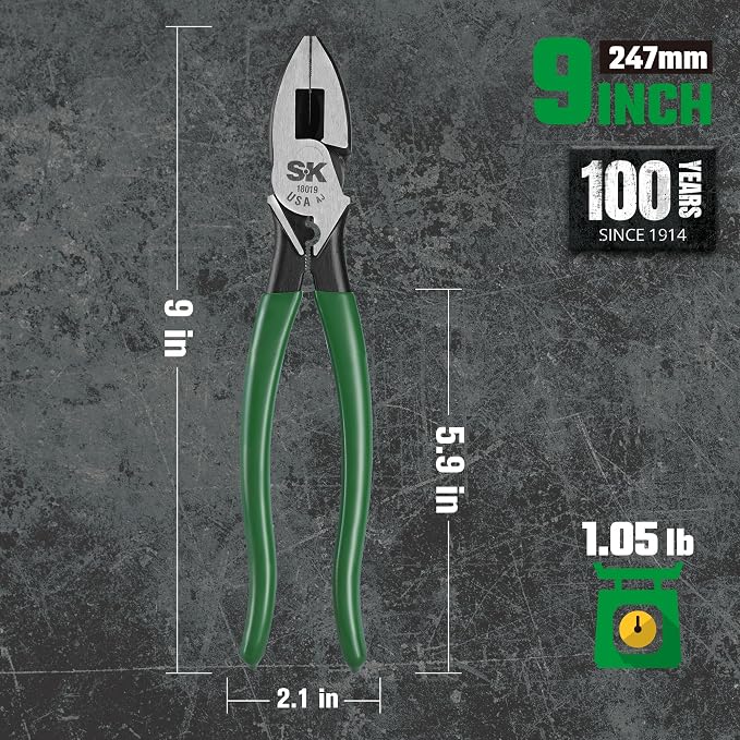 SK Tools USA Linesman Side Cutting Pliers with Crimping Die and Fish Tape Puller, 9" Long, 18019