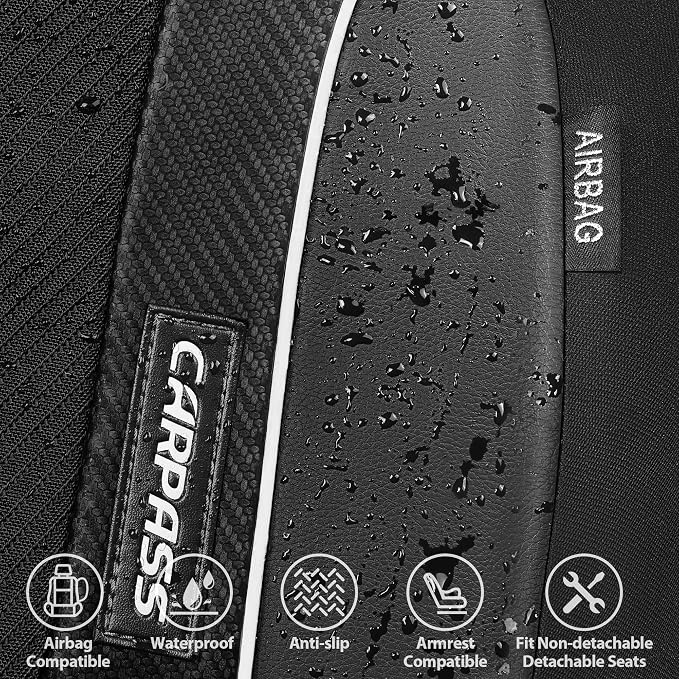 CAR PASS Faux Leather High Back Seat Covers Full Set, Sporty Waterproof Automotive Seat Covers, Anti Slip Airbag Compatible Universal Fit for Most Sedans Trucks Vans Suvs, All Black
