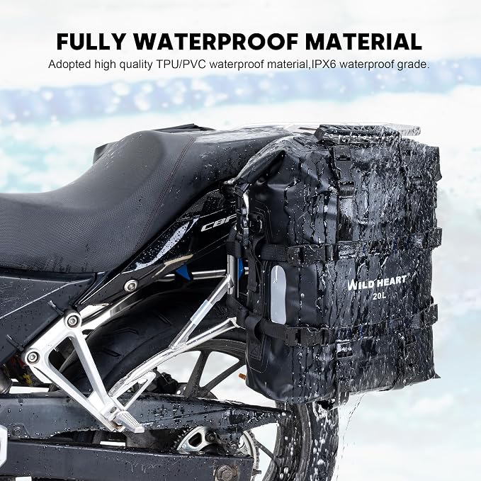 WILD HEART Motorcycle side bag stainless steel suspension waterproof bag Saddlebags 20L/25L waterproof Pianner Bag wear-resistant general-purpose Bike accessories (Black TPU, 20L One Pack)