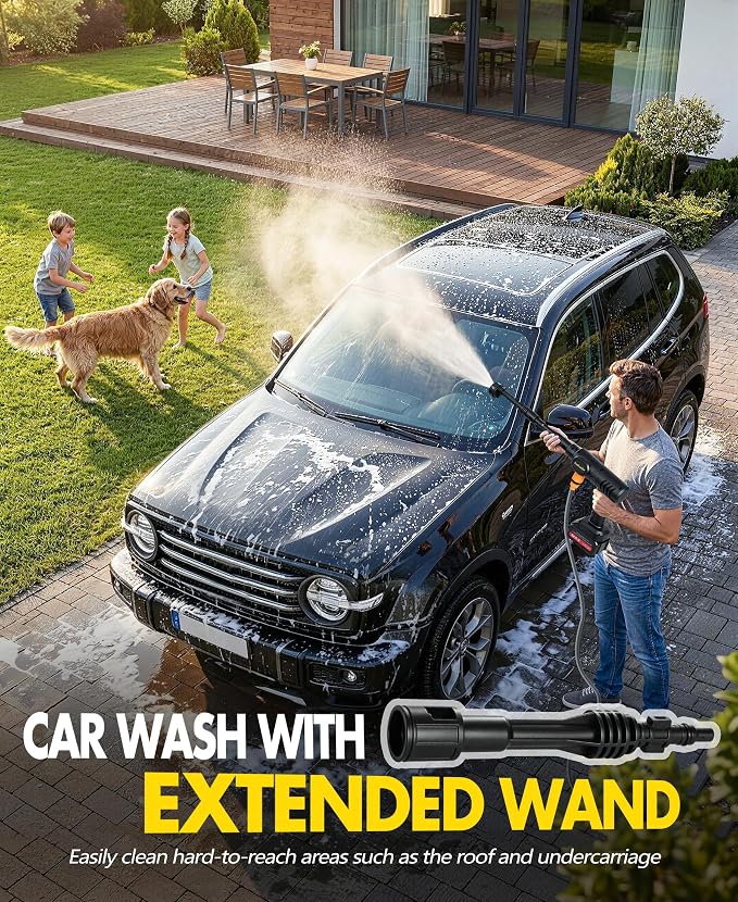 PoolLeader Cordless Car Cleaning Tool, Lightweight Portable Car Cleaner with 6-in-1 Nozzle & Foam Cannon, Battery Operated Cordless Car Wash Spray, Handheld Wash Machine for Car, Patio, Home - Yellow