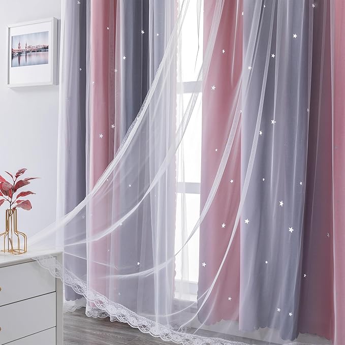XiDi Curtains for Girls Bedroom Decro,Full Blackout 84 Inches Long for Kids Room, Colorful Rainbow Style, Unicorn Wall Decor Ombre Curtains, Princess Room Pink/Grey