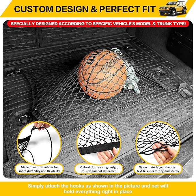Cargo Mat & Trunk Net for 2018-2024 Jeep Wrangler JL Unlimited 4X4 Trunk Liners with Cargo Net All Weather Anti-Slip Rear Mesh Cargo Net for 18-24 Wrangler JL 4X4 4 Door Accessories