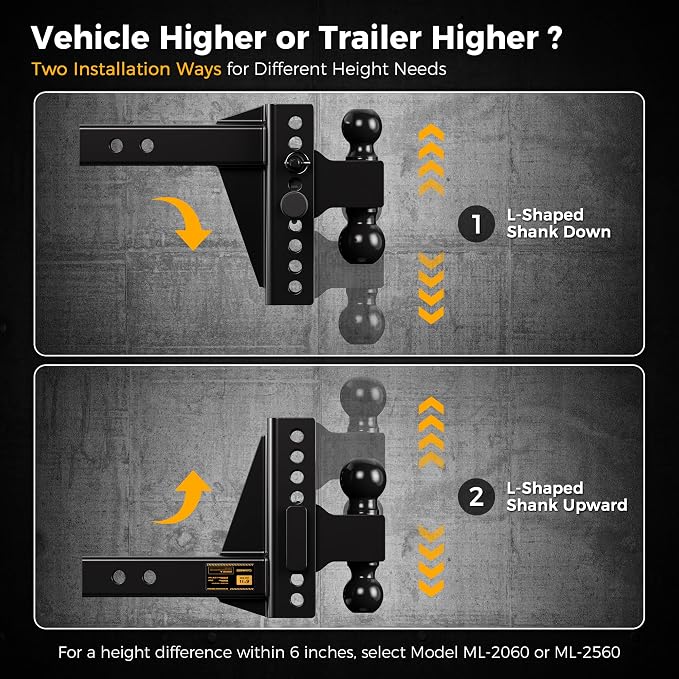 CAMMOO Adjustable Trailer Hitch, Tow Hitch Fits 2 inch Receiver, 6 inch Rise/Drop Hitch, 2" and 2-5/16" Ball Hitch, 20000 LBS GTW Truck Hitch with U-Shaped Alloy Steel Anti-Theft Pin, Black, ML-2060