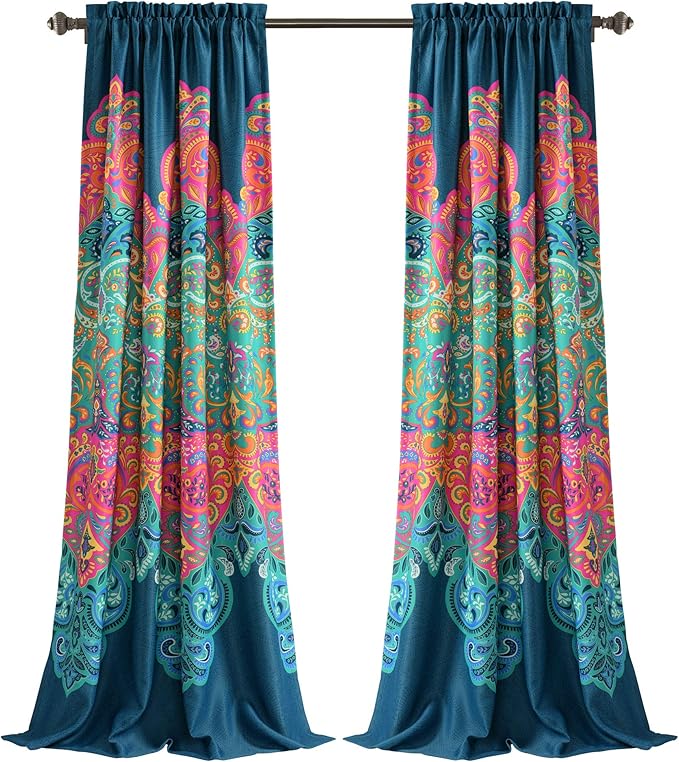 Lush Decor Boho Chic Light Filtering Window Curtain Panel Pair, 95" x 52" + 2" Header, Turquoise and Navy, 95 in x 52 in, Turquoise & Navy