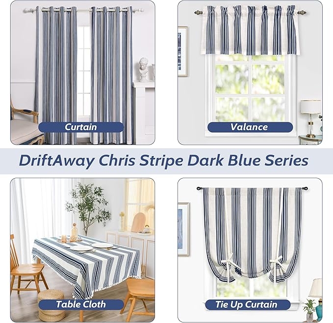 DriftAway Chris Double Layer Linen Blackout Tie Up Curtains Thermal Insulated Fully Lined Vertical Striped Balloon Roman Shade Bathroom Window Adjustable Rod Pocket 45 Inch by 63 Inch Ivory Dark Blue