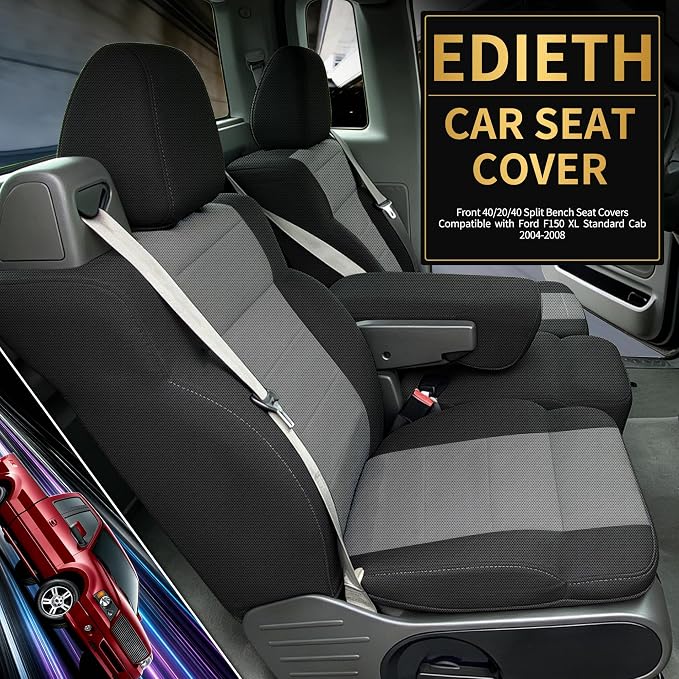 Front 40/20/40 Split Bench Seat Covers Compatible with Ford F150 XL Standard Cab 2004-2008 Sandwich Mesh Sponge Fabric Seat Protector with Integrated Seatbelts & Solid Armrest - Gray