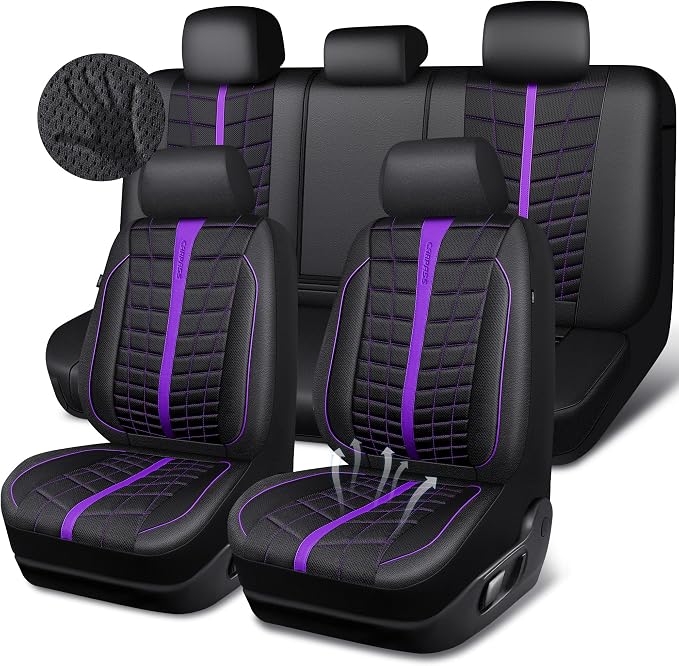 CAR PASS 3D Foam Mesh Leather Car Seat Covers Full Set, Breathable Premium Leather Seat Covers for Car,Anti Slip Universal Fit for Trucks Cars Sedans Vans SUVs, Airbag Compatible, Black Purple