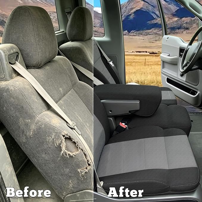 Front 40/20/40 Split Bench Seat Covers Compatible with Ford F150 XL Standard Cab 2004-2008 Sandwich Mesh Sponge Fabric Seat Protector with Integrated Seatbelts & Solid Armrest - Gray