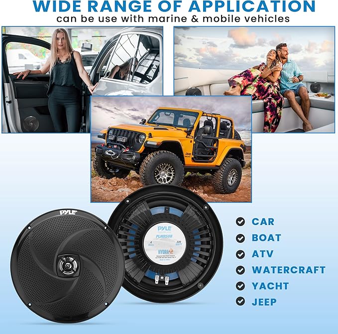 PyleUsa Marine Vehicle Speakers - Dual 2-Way 320W 4 Ohm Low Profile Waterproof Car Component Speaker System, 8 Oz Magnet, Voice Coil, for Custom Audio Boat, Truck, Watercraft, Mobile, Off-Road (Black)