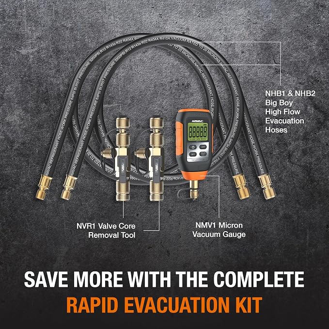 NAVAC NEVK3 Rapid Evacuation Kit - Valve Core Removal Tool Set with 1/4″ & 5/16″ VCRT, 3/8″ to 1/4″ & 1/2″ to 1/4″ Fittings, Micron Vacuum Gauge & High-Performance Refrigerant Evacuation Hoses