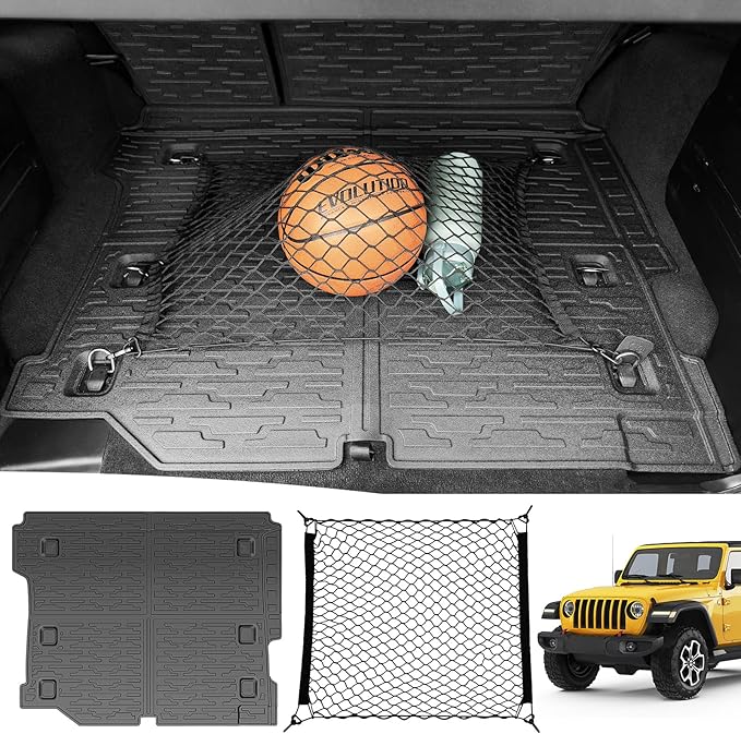 Cargo Mat & Trunk Net for 2018-2024 Jeep Wrangler JL Unlimited 4X4 Trunk Liners with Cargo Net All Weather Anti-Slip Rear Mesh Cargo Net for 18-24 Wrangler JL 4X4 4 Door Accessories