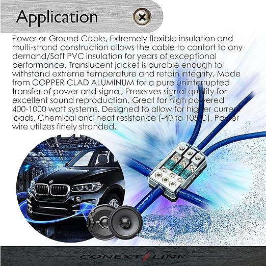 Conext Link 20 ft Frost Black 1/0 Gauge Amplifier Power Ground Wire 0 GA Battery Cable （10818）