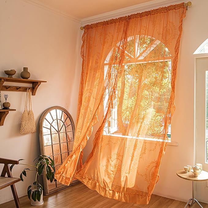 Sutuo Home Burnt Orange Lace Curtains 96 Inches Long for Bedroom Living Room 2 Panels, Boho Sheer Rose Floral Embroidery Ruffled Vintage Window Treatment Pair Halloween Decor, Rod Pocket, W57 x L96