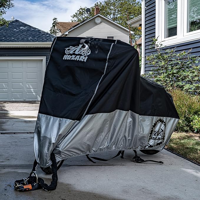 Nuzari Heavy Duty Small 250cc Motorcycle Cover - Motorcycle Covers Waterproof Outdoor Storage - Vespa Cover Waterproof Outdoor - Heavy Duty E- Bike Moped Covers (Black/Silver, Small)
