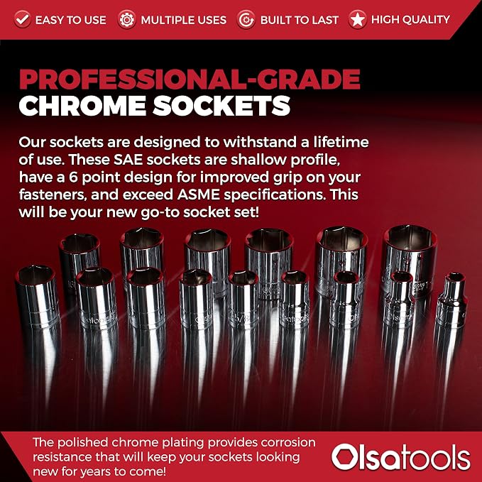 Olsa Tools SAE Shallow Socket Set - 1/2-Inch Drive, 18pc - 6-Point Chrome Sockets 3/8" to 1-1/4" and No Skipped Sizes - Mechanic Shallow SAE Socket Set - Professional Grade Sockets - Part: 1324