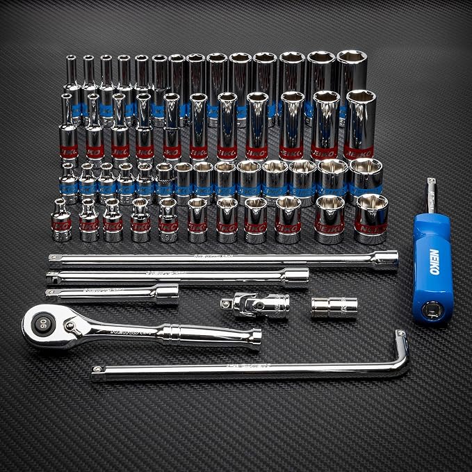 Neiko 02514A 1/4 Inch-Drive Ratchet and Small Socket Set, 58-Piece, Chrome Vanadium Steel, Multi-color (Pack of 4)