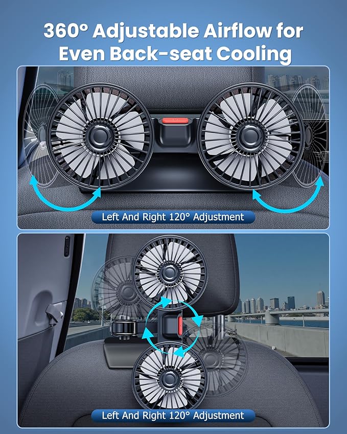 Dual-Head Rear Seat Car Fan, Powerful Airflow, 360° Rotation, Blows Both Left & Right, Adjustable Angle, Perfect for Pets, Front & Back Seats, USB & 12V/24V Powered