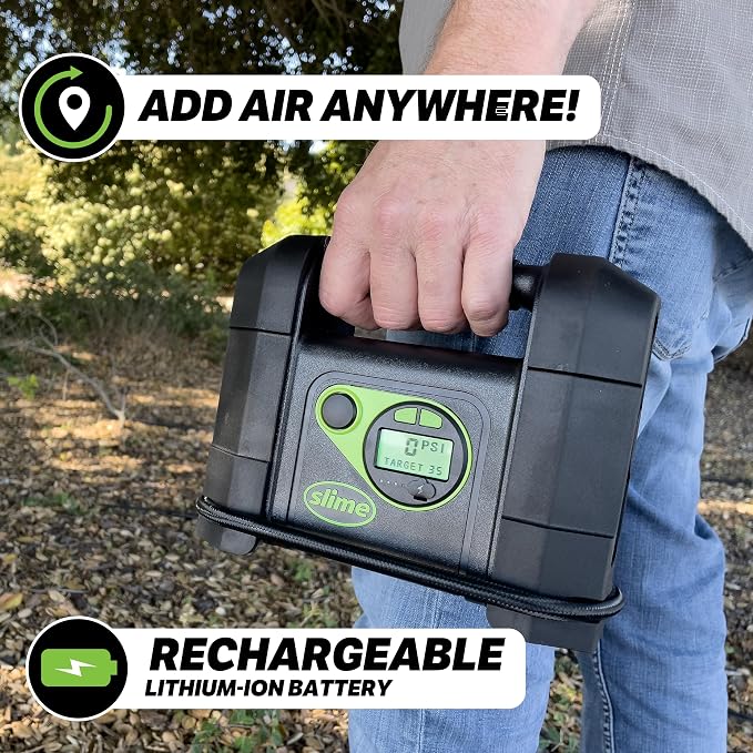 Slime 40080 Cordless Tire Inflator, Rugged Portable Air Compressor Pump with Auto Shut Off, Lithium Ion Battery and LED Light, Rechargeable